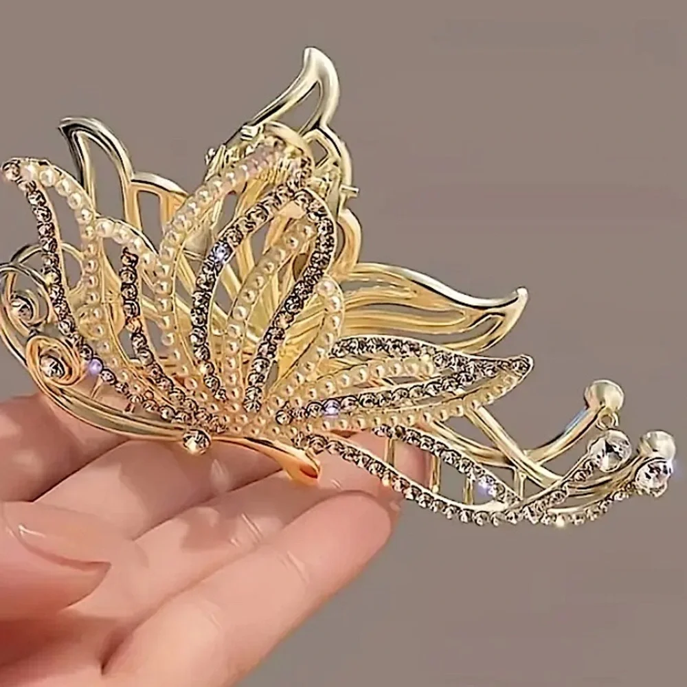 Gold Pearl Rhinestone Butterfly Hair Claw Hair Accessory